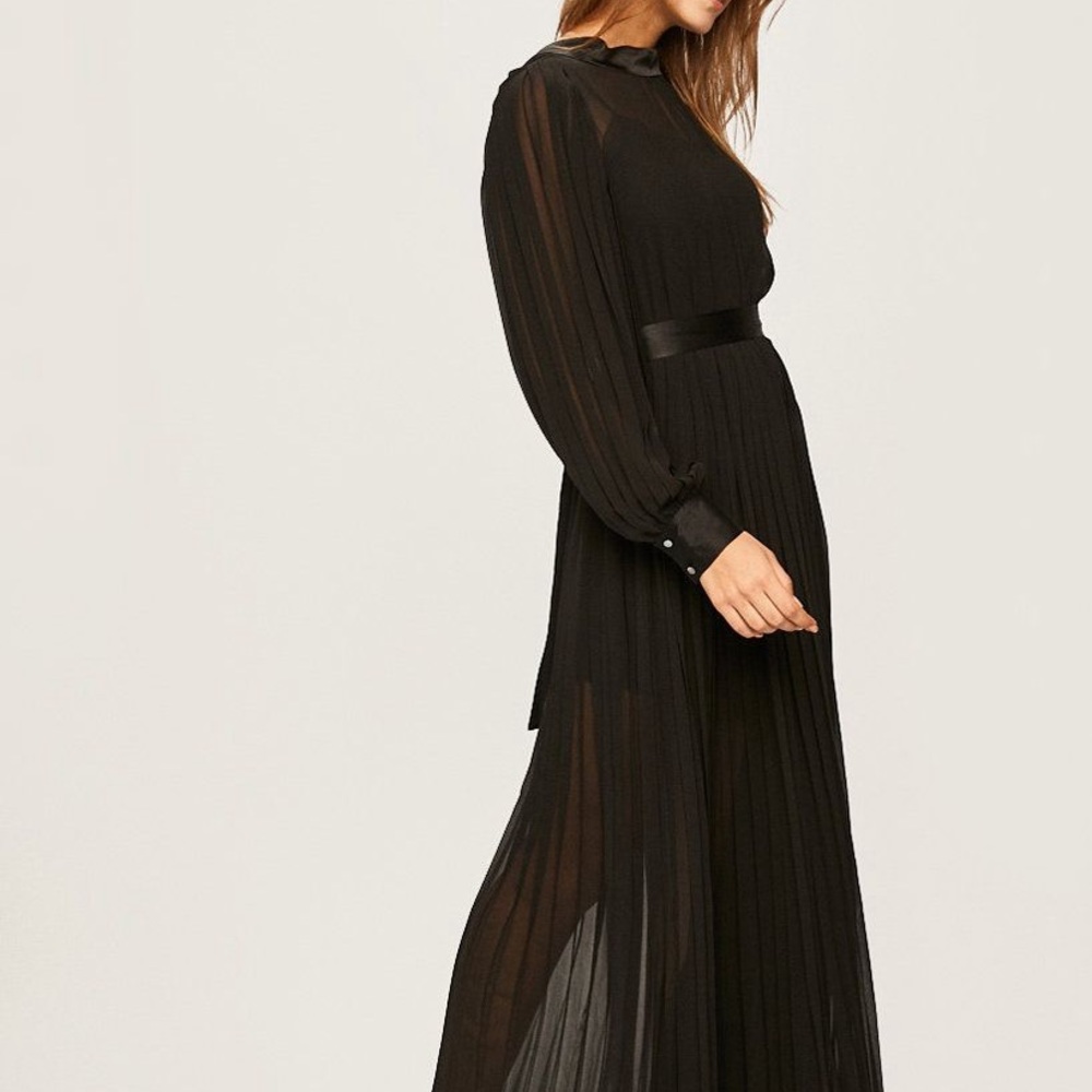 KARL LAGERFELD Black Chiffon Pleated Midi Dress w Long Sheer Sleeves & Pearls